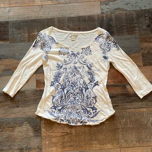 Lucky Brand Cream and Distressed Blue Patterned
